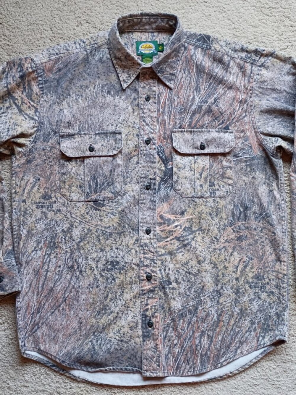 Vintage Cabela's Men's Brush Camo Button Down Shirt Mossy Oak Outdoor Sz Medium